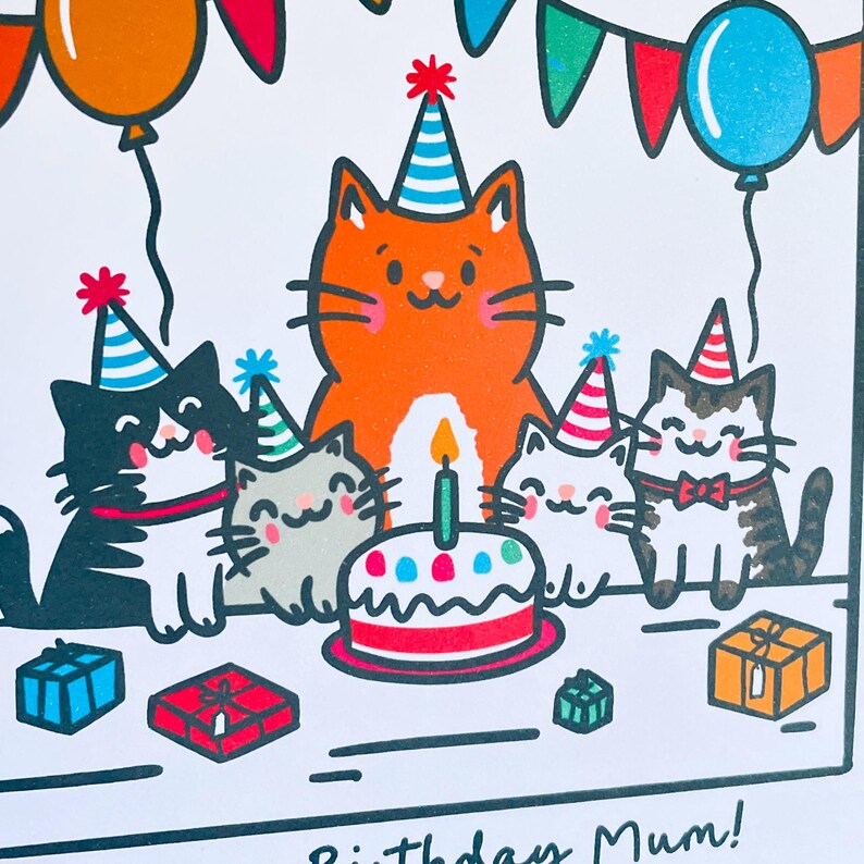 May include: A birthday card featuring cartoon cats wearing party hats, gathered around a cake with a lit candle. Balloons and presents are also shown. The card has the text "Birthday Mum!"