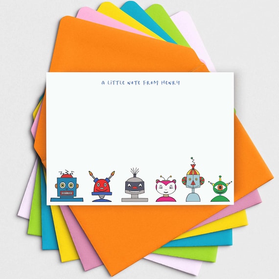 Pack of Funny Robot Note Cards • Stationery for Boys • Boy's Writing Set • Personalised Note Cards with Envelopes for Children
