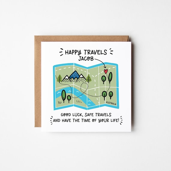 Happy Travels Map Card • Personalised Adventure Awaits Card • Bon Voyage Safe Travels Card for Travellers • Cute Travel Card •