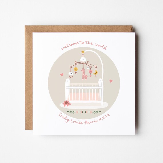 New Baby Girl Card • New Baby Card with Cot • Congratulations New Baby Girl Card • Girl's Birth • Baby Shower Card
