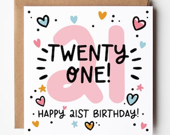 21st Birthday Card for Her: Pink 21, Twenty One with Hearts and Kraft Envelope