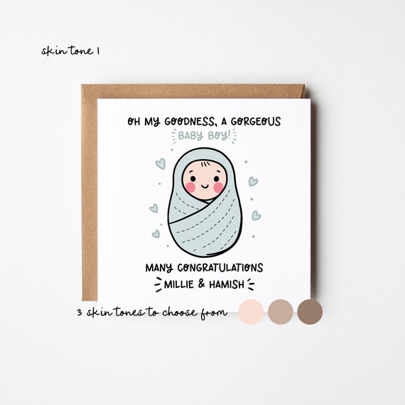 New Baby Boy Card 3 Skin Tones • Personalised New Baby Card • Congratulations New Baby Boy Card • Boy's Birth • Baby Shower Card