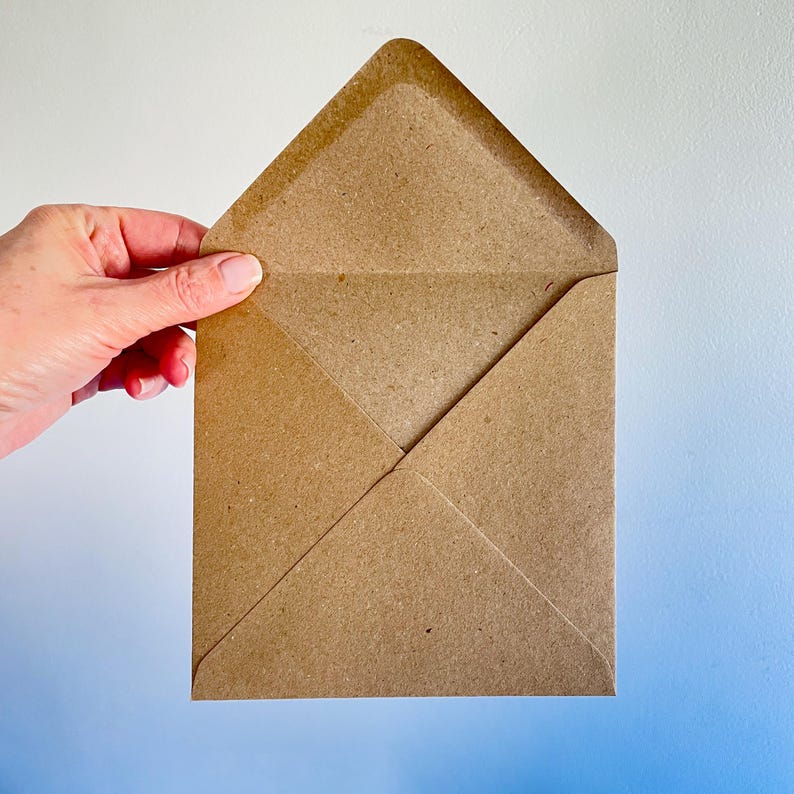 May include: An open, brown paper envelope held by a hand against a white background. The envelope is square with a triangular flap and a visible interior. The paper has a natural, textured appearance.