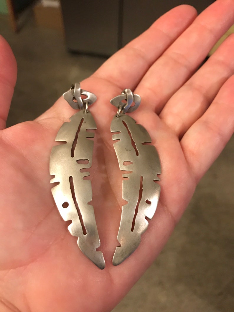 Vintage silver feather modernist hand made earrings Mexico