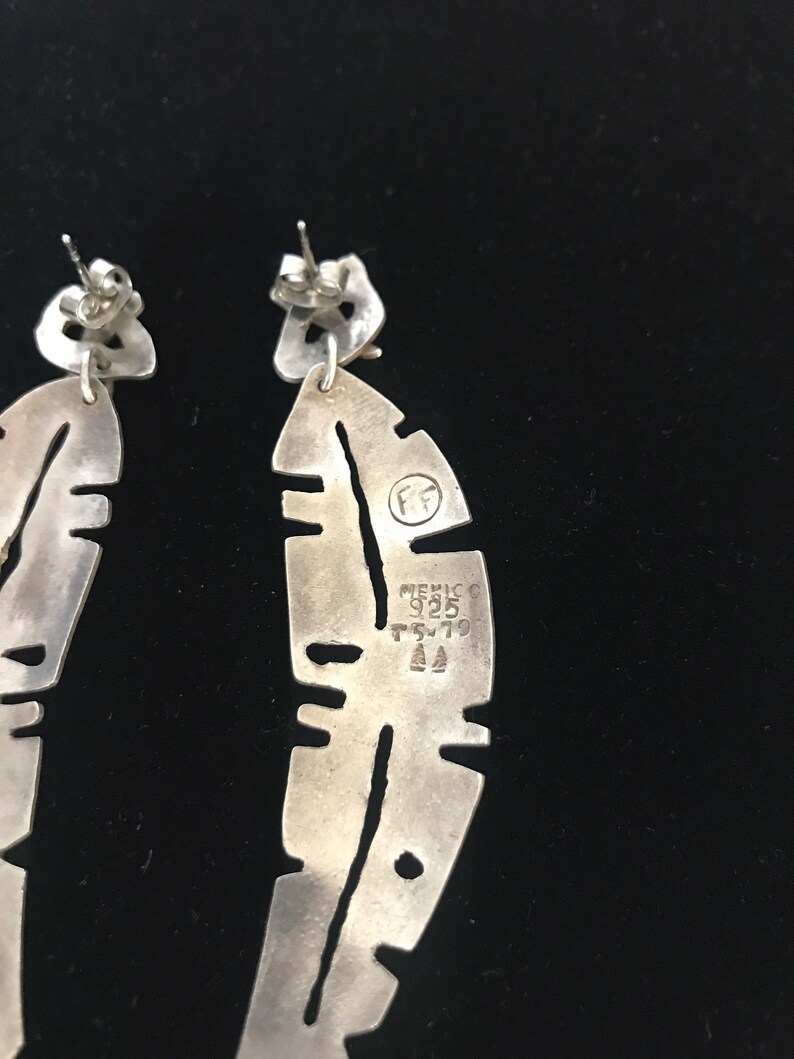 Vintage silver feather modernist hand made earrings Mexico