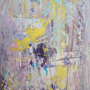 May include: Abstract painting with a black frame. The artwork features a textured surface with a palette of colors including yellow, purple, blue, and pink. The brushstrokes create a dynamic and expressive composition.