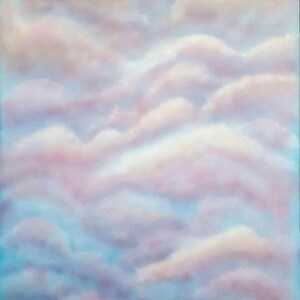 May include: A painting of a sky with soft, fluffy clouds in shades of pink, blue, and white. The clouds are layered and create a sense of depth and movement.
