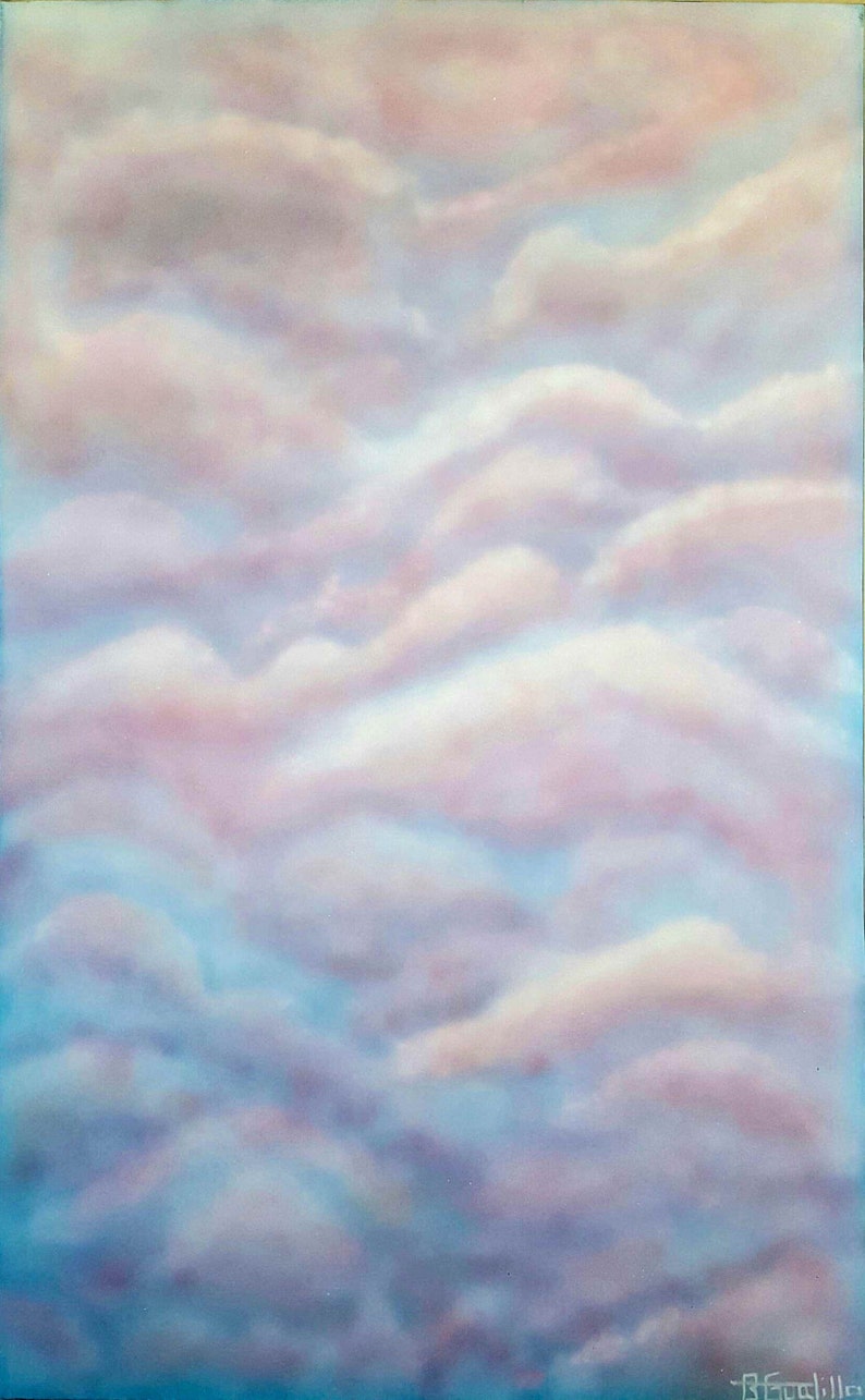 May include: A painting of a sky with soft, fluffy clouds in shades of pink, blue, and white. The clouds are layered and create a sense of depth and movement.