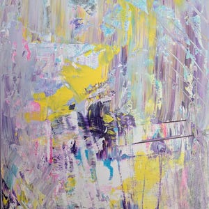 May include: Abstract painting with a palette of soft purples, yellows, and blues. The artwork features layered brushstrokes and textured paint, creating a dynamic and expressive composition. The painting's style is modern and evokes a sense of movement.