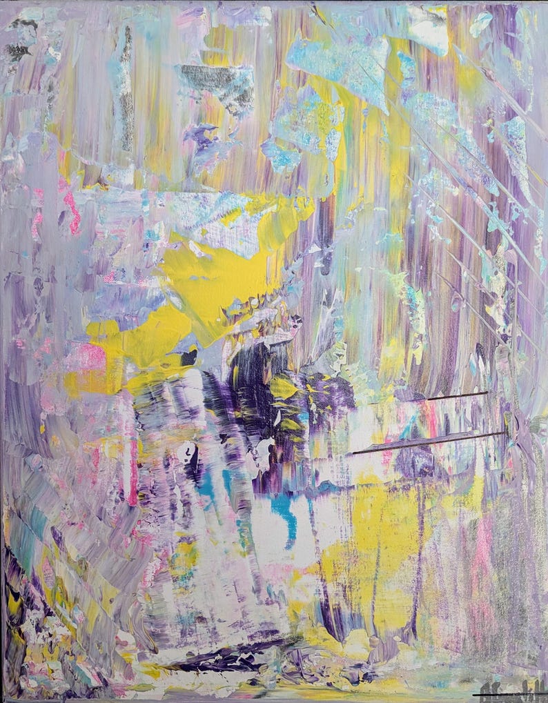 May include: Abstract painting with a palette of soft purples, yellows, and blues. The artwork features layered brushstrokes and textured paint, creating a dynamic and expressive composition. The painting's style is modern and evokes a sense of movement.