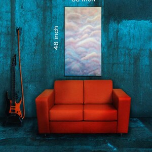 May include: A painting of a cloudy sky in shades of pink, blue, and white. The painting is 48 inches tall and 30 inches wide.