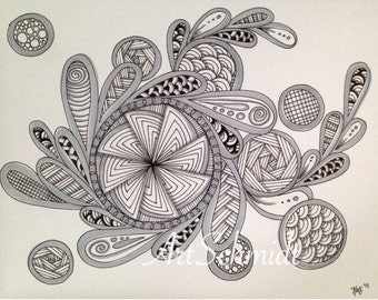 Original Zentangle Drawing with black and gray