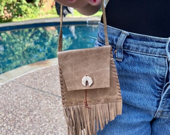 Leather medicine bag/pouch. leather medicine bag, fringed medicine bag, leather, bone bead