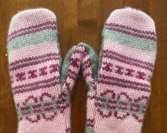 100% Cashmere Sweater Mittens Pink Icelandic Print Cashmere Lined Upcycled