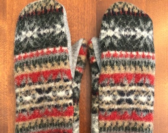 100% Wool with Cashmere Lining Sweater Mitten Red Green Tan Icelandic Print Upcycled