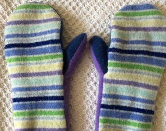Upcycled 100% Wool Cashmere Lined Mittens Green Purple Blue Stripe