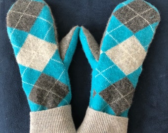 100% Cashmere Mittens Upcycled Turquoise and Gray Argyle Cashmere Lined