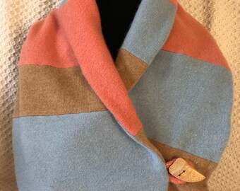100% Cashmere Shawl Collar Scarf Upcycled Light Blue, Peach, Tan, Wooden Button