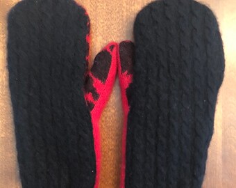 100% Cashmere and Cashmere-Lined Mittens Black with Red Animal Print Accents Upcycled