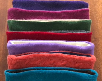 100% Cashmere Headbands Reversible Upcycled Red Turquoise Green Purple Orange Blue Gray White