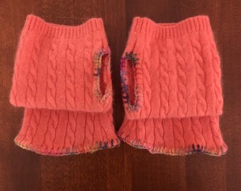 100% Cashmere Rosy Pink Fingerless Gloves Hand Embroidered Trim Upcycled Mini Cable