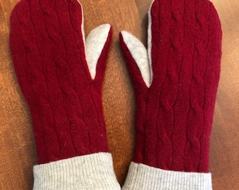 100% Cashmere and Cashmere-Lined Mittens Ruby Red and Light Gray Upcycled