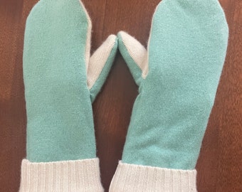 Upcycled 100% Wool Cashmere Lined Mittens Robin's Egg Blud/Cream