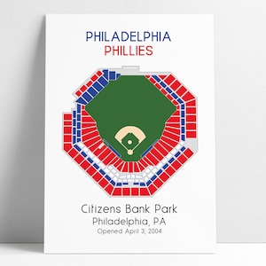 May include: A diagram of Citizens Bank Park, home of the Philadelphia Phillies. The stadium is a red and blue octagon with a green baseball field in the center. The text "Philadelphia Phillies" is at the top of the diagram, and the text "Citizens Bank Park, Philadelphia, PA Opened April 3, 2004" is at the bottom.