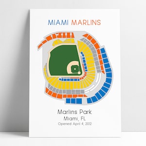 May include: A diagram of Marlins Park, home of the Miami Marlins baseball team. The diagram shows the seating layout of the stadium, with different colored sections for different seating levels. The text "Miami Marlins" is at the top of the diagram, and the text "Marlins Park, Miami, FL Opened April 4, 2012" is at the bottom.