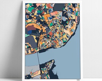 May include: A colorful abstract map of Lisbon, Portugal. The map is made up of different colored shapes and lines, representing the city's streets and neighborhoods. The map is set against a light blue background, representing the Tagus River.