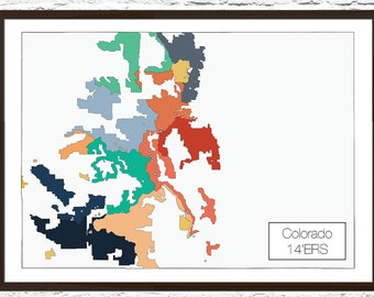 Colorado 14ers Map Art Poster Print, Adventure Map, Fourteeners, 14ers Map Poster, Colorado Map Poster, Adventure Travel Map, Explorer Map