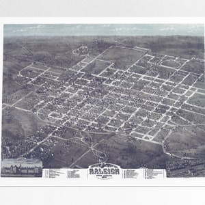 Raleigh NC Birds Eye View Print Christmas Gift North Carolina Raleigh Historic 1872 Birds-Eye View Perspective Gifts for Him Gifts for Her