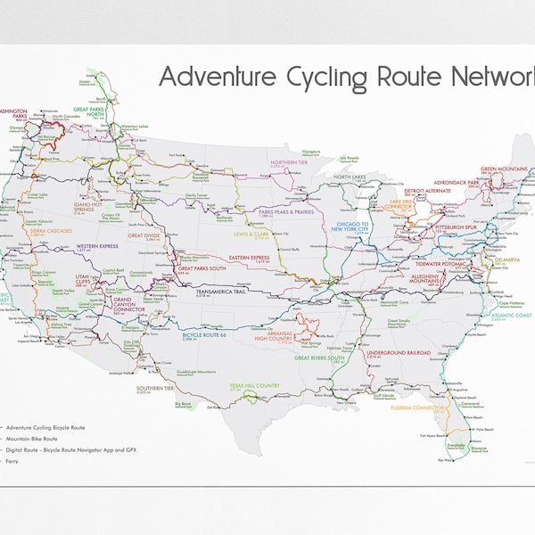 Abenteuer Radfahren Route Netzwerk US Fahrradrouten Karte Kunstdruck Radfahrer Geschenk