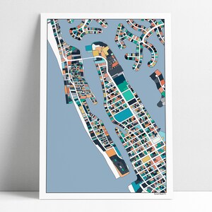 May include: A colorful map of a coastal city with a peninsula and a large body of water. The map is in a white frame and has a light blue background.