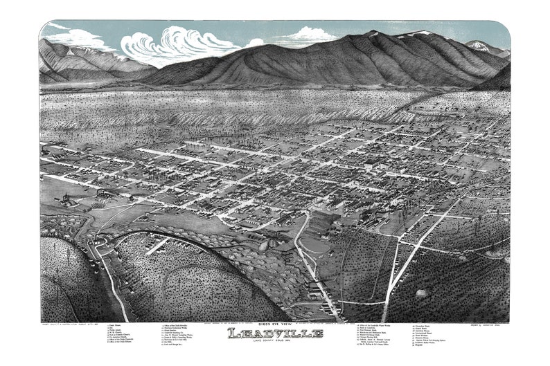 Leadville CO Birds Eye View Poster Print 1879 Leadville Colorado Historic Perspective Map Art 1882 Leadville Birds-Eye View Map 2 Options 1879