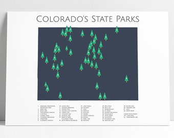 Colorado's State Parks Map Art Checklist Poster 2023 CO State Park Checklist Print Hiking Trails Adventures Outdoors Explorer Nursery Gift