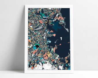Boston City Streets Map Art Print, Unique Boston Massachusetts Abstract Map Artwork, Boston MA