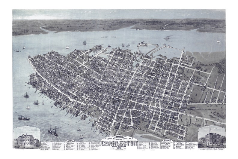 Charleston SC Birds Eye View Poster Print 1872 Charleston Caroline du Sud Historique Perspective Map Art Digital Enhanced Recolored image 2