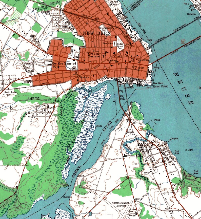 New Bern NC Vintage Map Art Print Recolored Home Decor Etsy