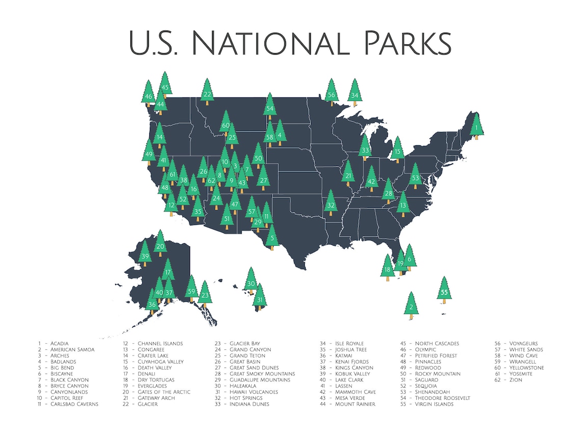 National Parks Checklist Map 62 US National Parks Nursery | Etsy