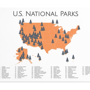 National Park Poster, National Park Map Art Camper Hiker Explorer Travel Art Map Adventure Home Decor Nursery Wall Art Gift Orange / Blue