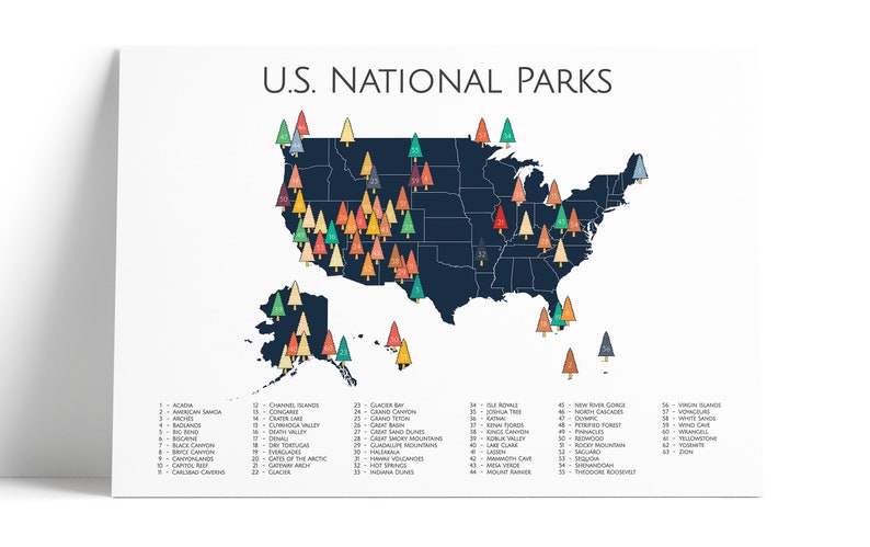 National Park Poster, National Park Map Art Camper Hiker Explorer Travel Art Map Adventure Home Decor Nursery Wall Art Gift Blue / Multi Color