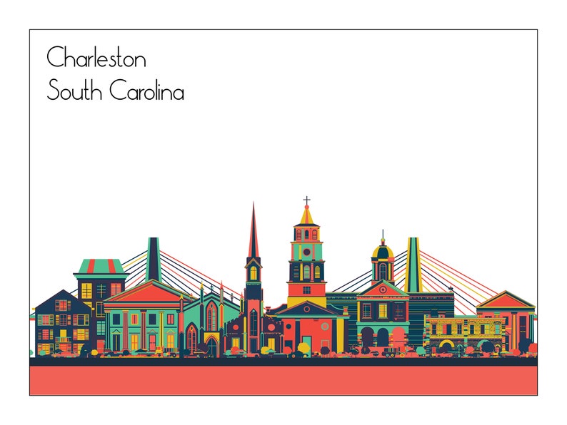 Charleston SC Cityscape Skyline Wall Art Print Home Decor Etsy