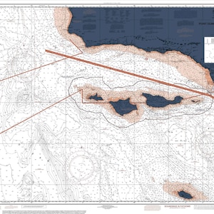 May include: A nautical chart showing the waters around the islands of Puerto Rico. The chart is marked with depths in fathoms and includes a key for understanding the symbols used. The chart is titled "Port Daine to Punta Tuna Point."