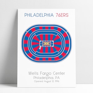 May include: A blue and red seating chart for the Wells Fargo Center, home of the Philadelphia 76ers. The chart shows the layout of the arena, including the court, seating sections, and concourses. The text "Philadelphia 76ers" is at the top of the chart, and the text "Wells Fargo Center, Philadelphia, PA Opened August 12, 1996" is at the bottom.