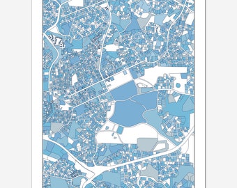 Chapel Hill NC City Map Art Poster in UNC Tar Heels Carolina Blue Shades
