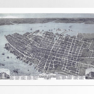 Charleston SC Birds Eye View Poster Print 1872 Charleston Caroline du Sud Historique Perspective Map Art Digital Enhanced Recolored image 1