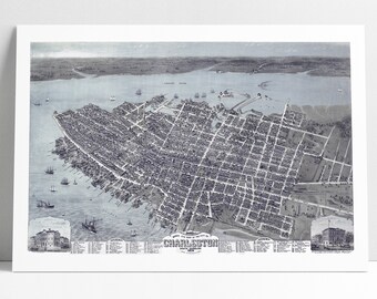 Charleston SC Birds Eye View Poster Print 1872 Charleston South Carolina Historic Perspective Map Art Digitally Enhanced Recolored