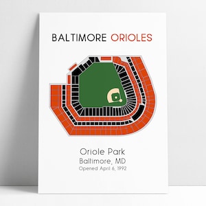 May include: A diagram of Oriole Park at Camden Yards, home of the Baltimore Orioles baseball team. The stadium is shown in orange and black, with a green field. The text "Baltimore Orioles" is at the top of the image, and the text "Oriole Park, Baltimore, MD Opened April 6, 1992" is at the bottom.