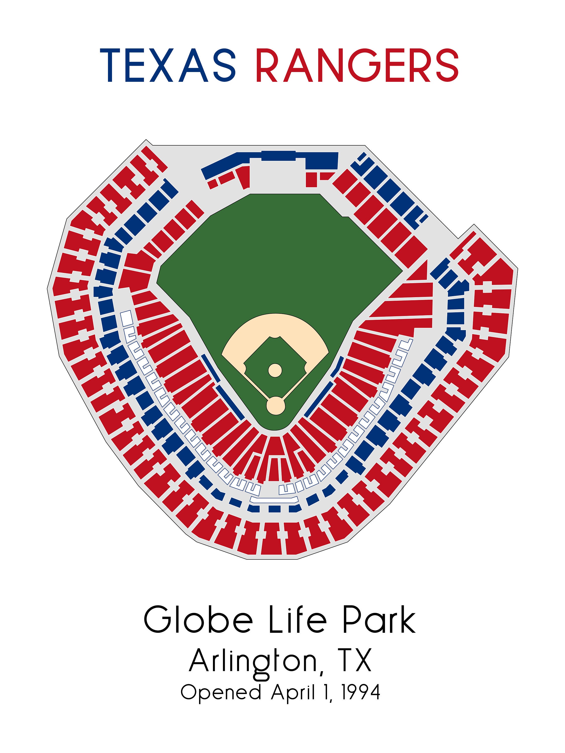 Texas Rangers, MLB Stadium Map, Ballpark Map, Baseball Stadium Map, Gift  for Him, Stadium Seating Chart, Man Cave